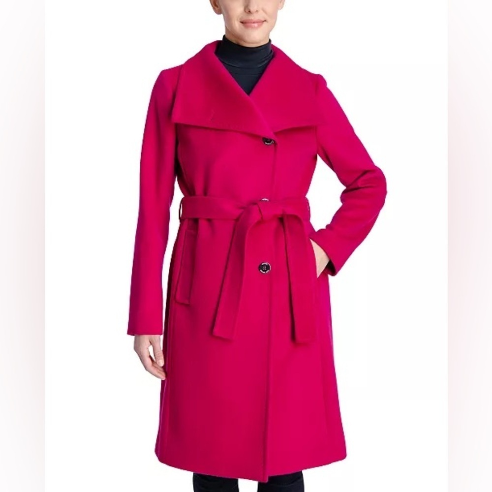 Michael Kors Women's Asymmetric Belted Wrap Coat Women's Fuchsia Pea Coat Size M